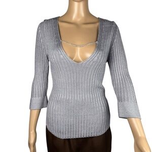 NWT New $128 Free People Ribbed V-Neck 3/4 Sleeve Silver Top Size M